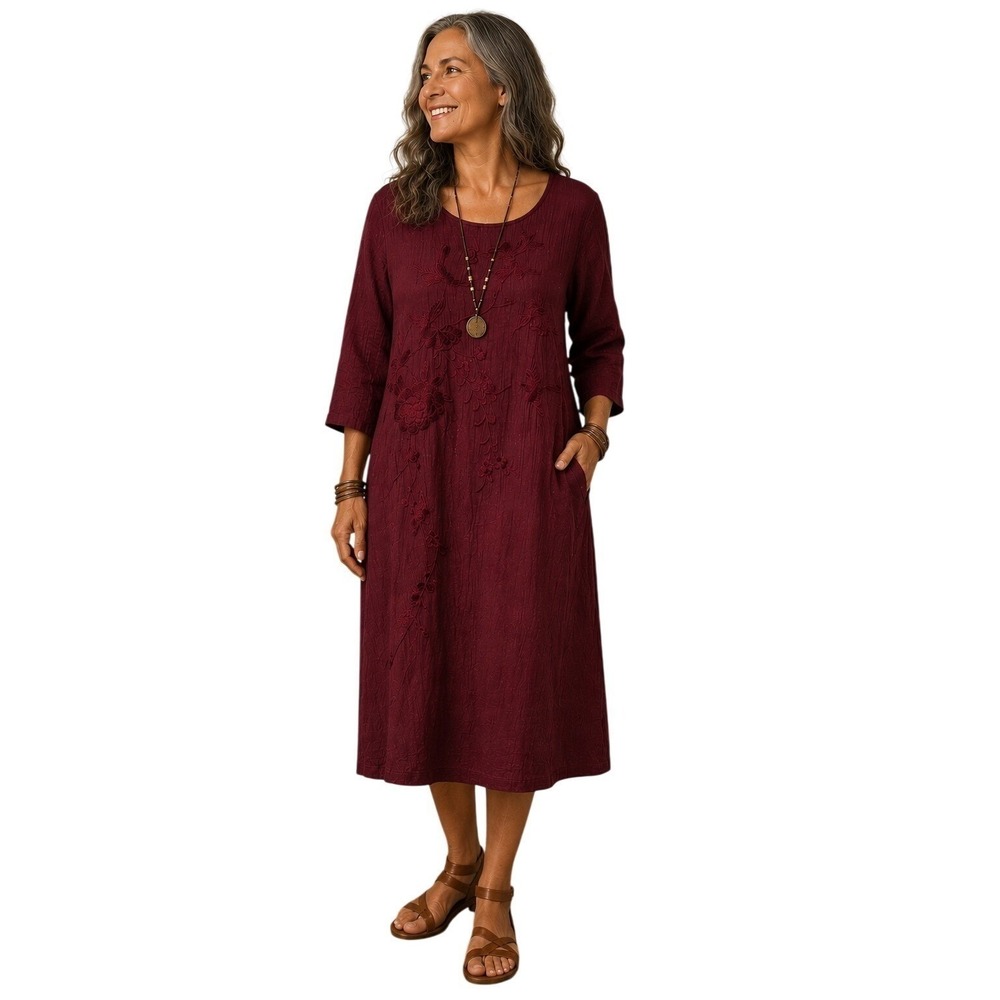 Womens Burgundy Linen Gauze Dress Large Floral Bird Embroidery Boho Lagenlook